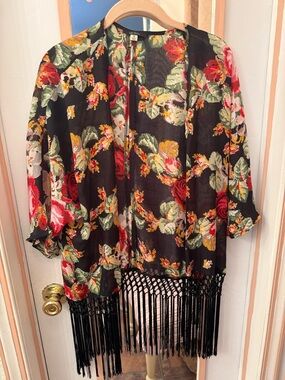 Quinn Black Overlay Cardigan with Red, Green & Yellow Geometric Print
